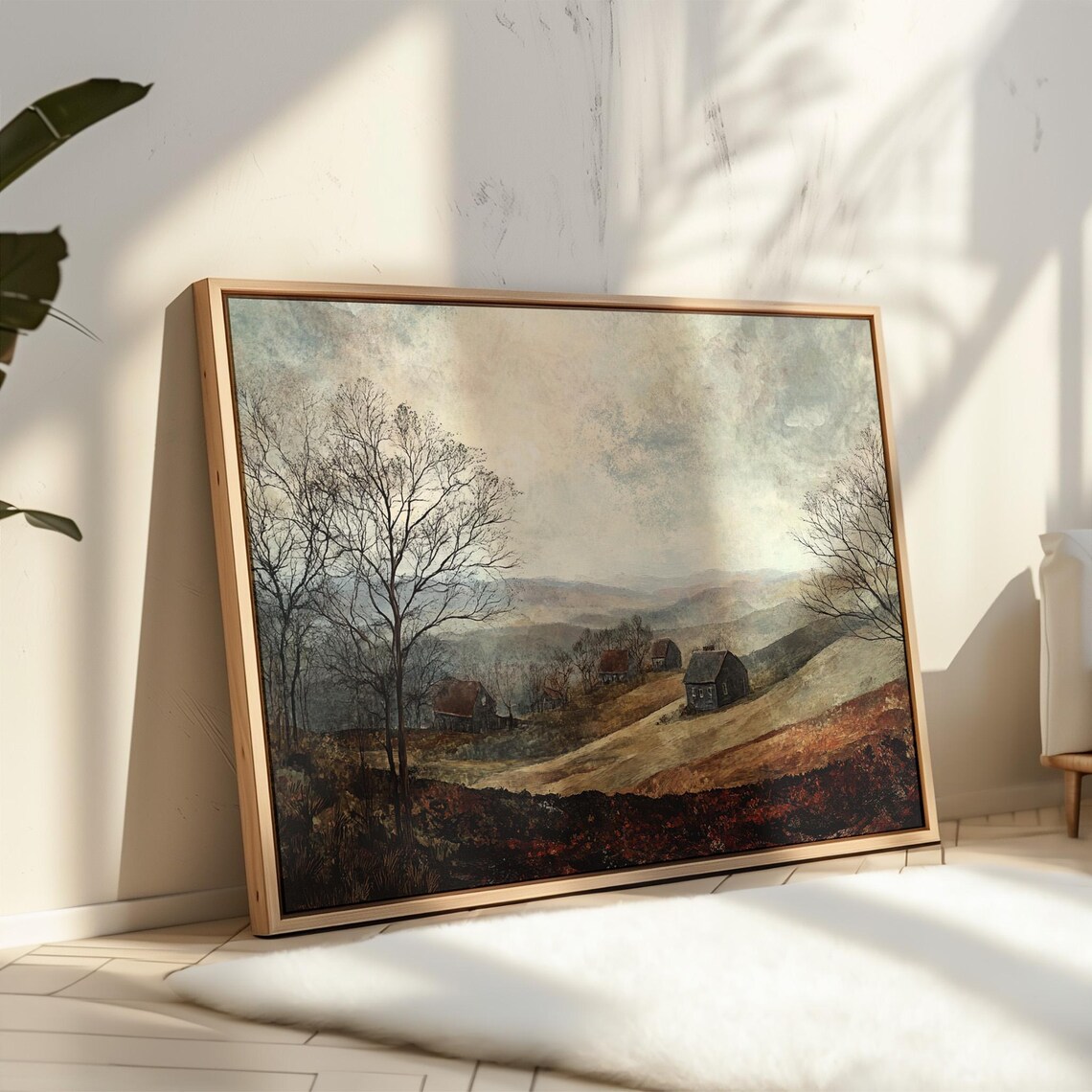 Vintage Countryside Farmhouses on Rolling Hills Painting Poster