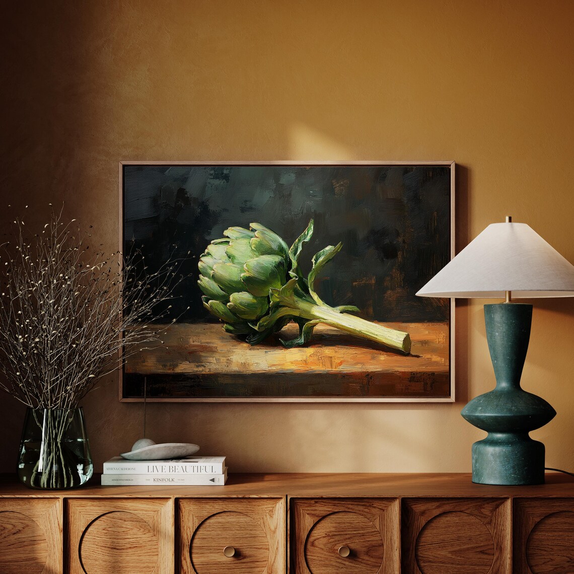 Green Artichoke Still Life Oil Painting on Dark Wood Table Poster