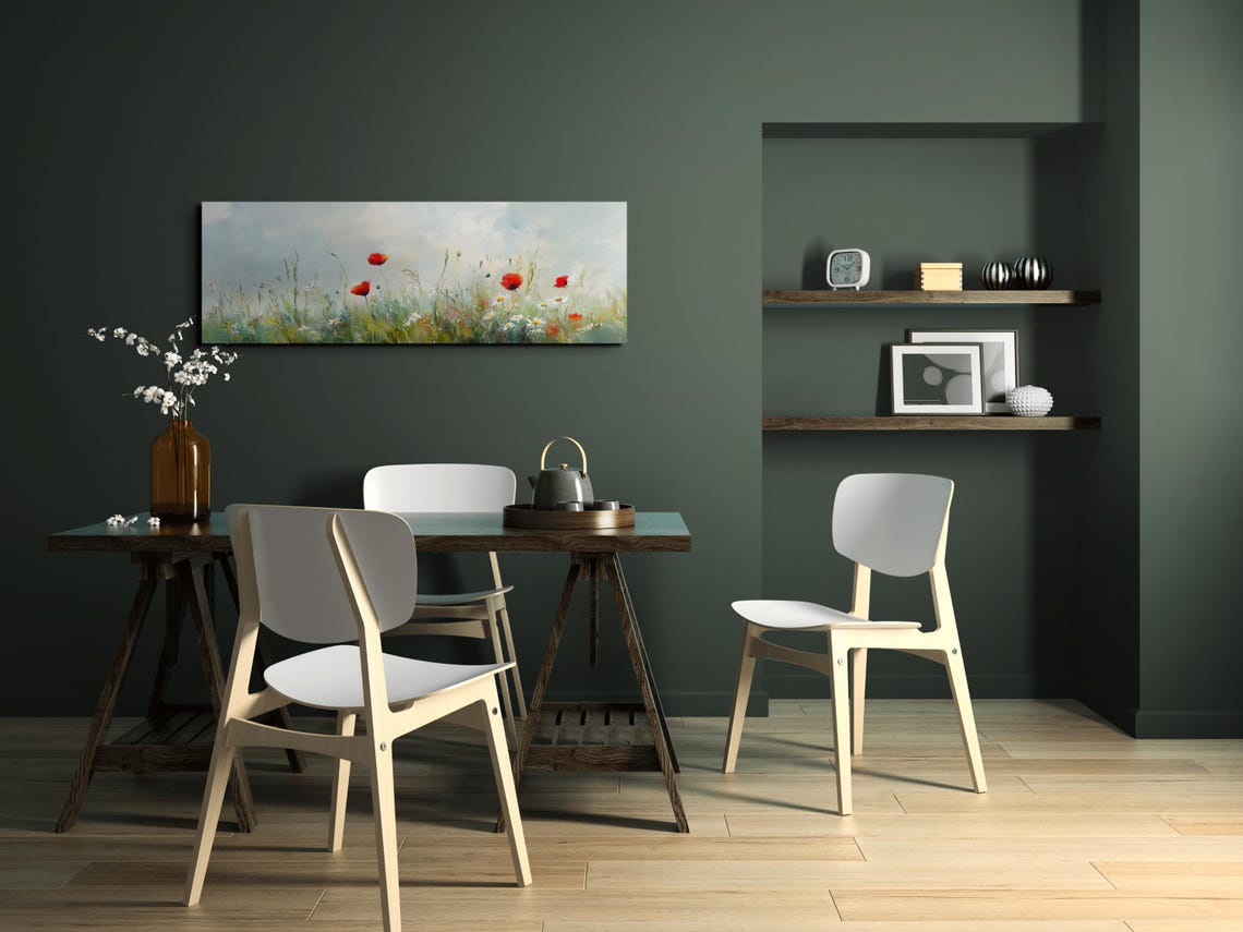 Red Poppies White Daisies Wild Meadow Soft Sky Panoramic Art Poster - Image 6
