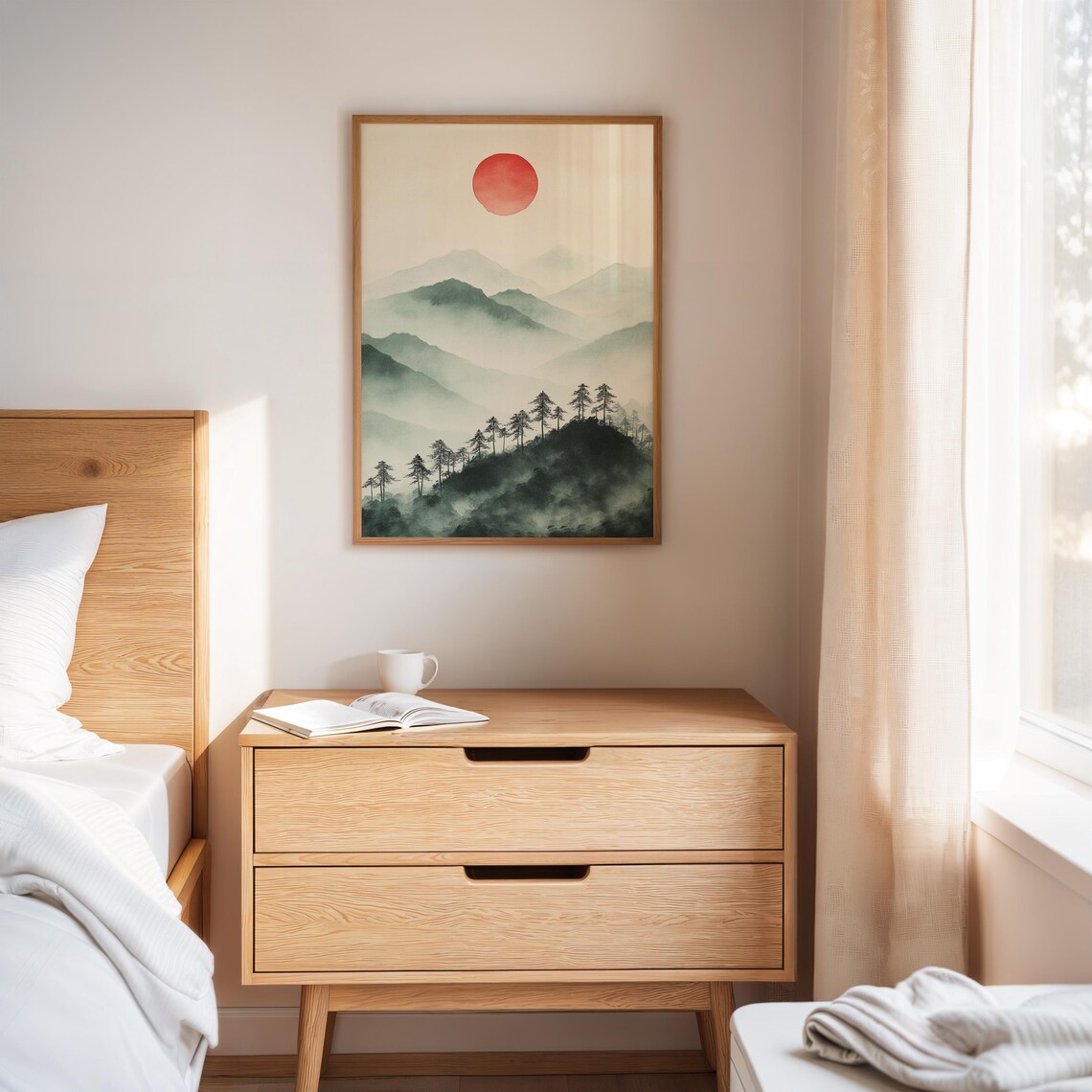 Misty Green Mountain Ink Wash With Red Sun Japanese Zen Poster - Image 3
