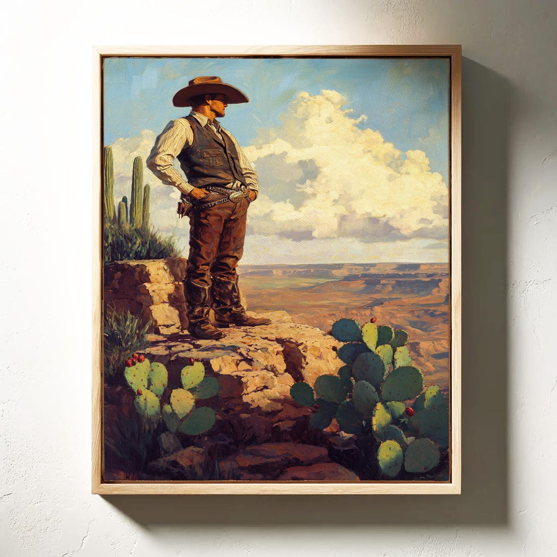 Tall Cowboy Standing On A Cliff Edge Over Desert Valley Poster - Image 4