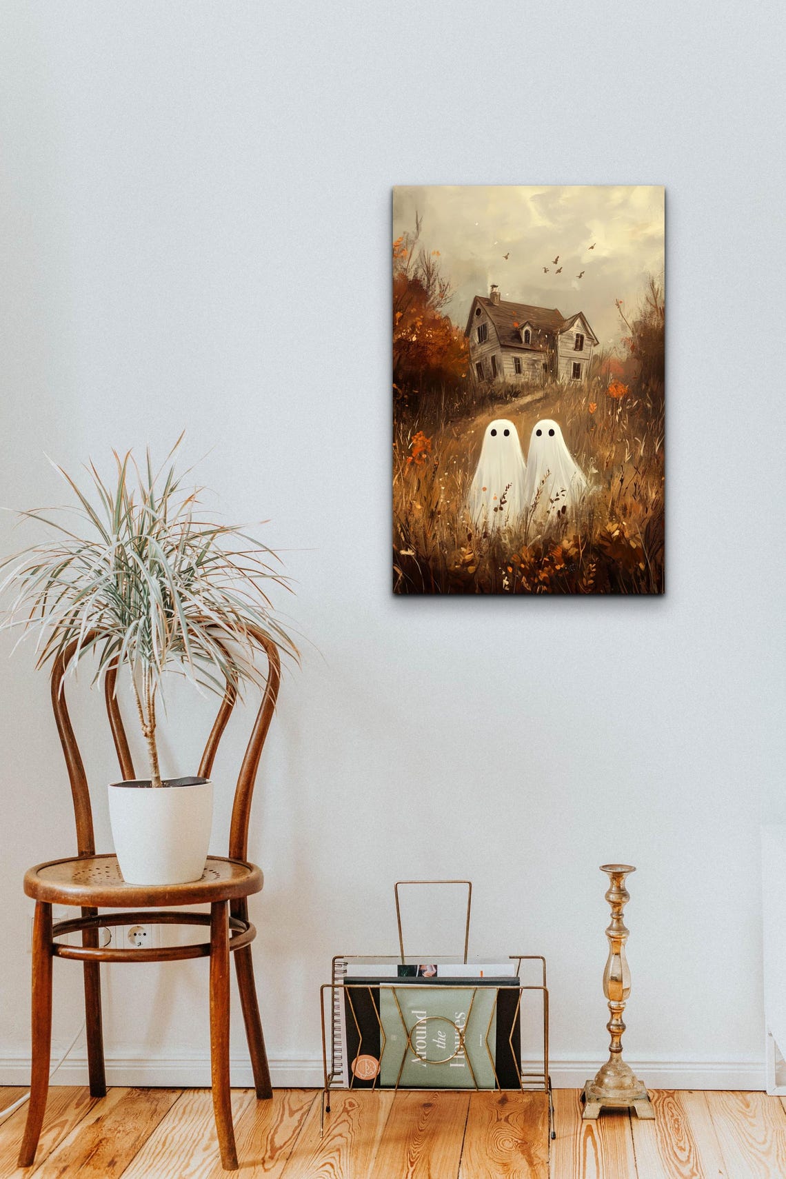Two Ghost Friends Old House Golden Field Halloween Art Poster - Image 4