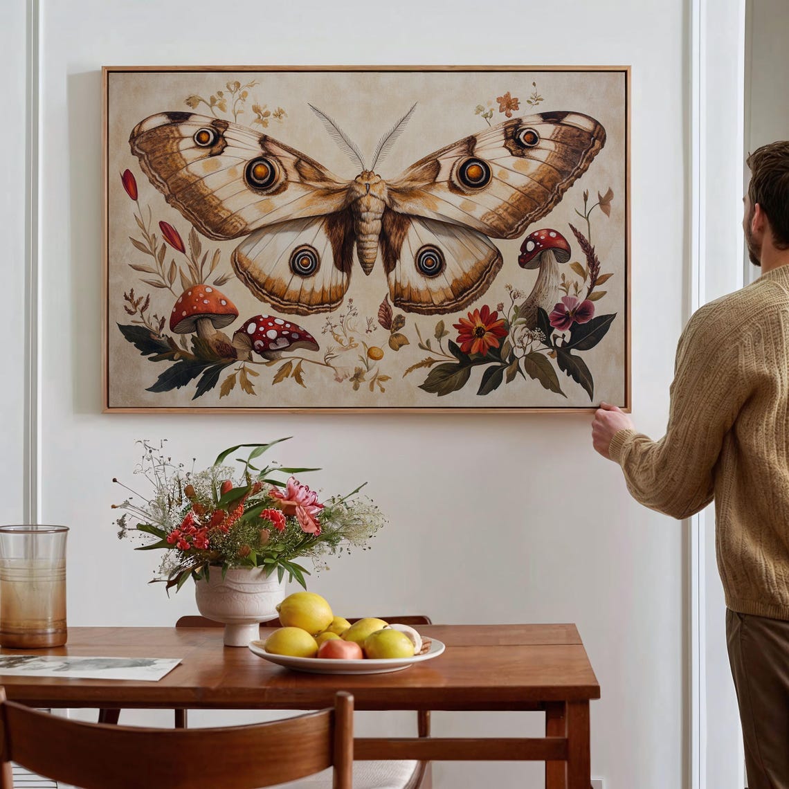 Vintage Botanical Moth With Mushrooms Wildflowers Cream Wall Art