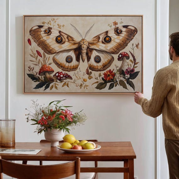Rustic Moth Wall Art Nature Inspired With Vibrant Mushrooms Flowers And Detailed Moth Wings