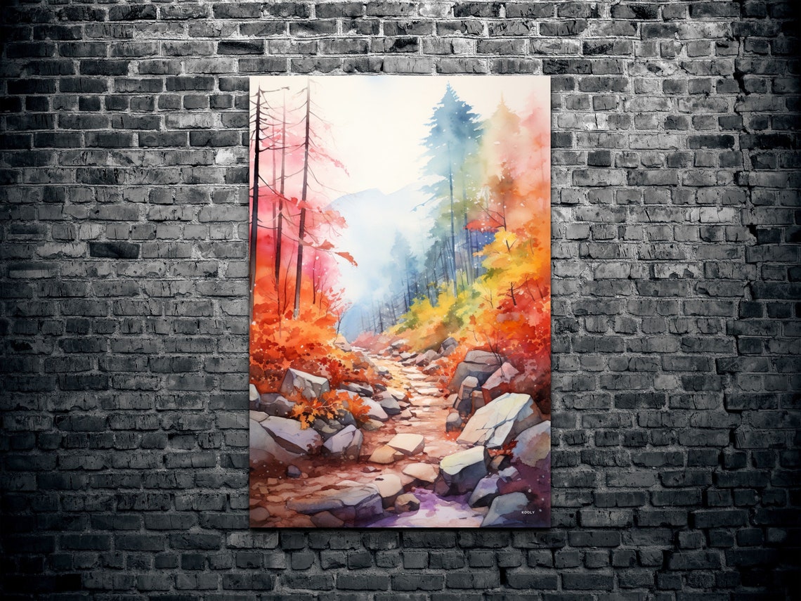 Rocky Hiking Trail Through Autumn Forest Watercolor Art Poster - Image 2