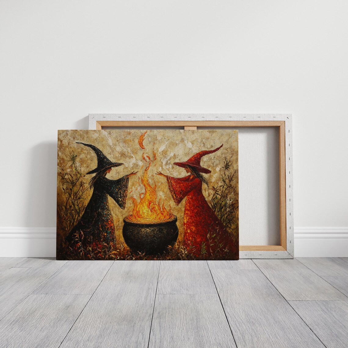 Mystical Witch Sisters Casting Fire Spell, Halloween Art Print - Image 3
