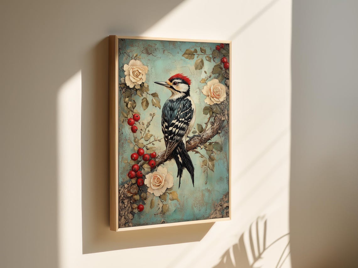 Woodpecker On Branch Vintage Bird Roses Berries Nature Scene Poster - Image 5