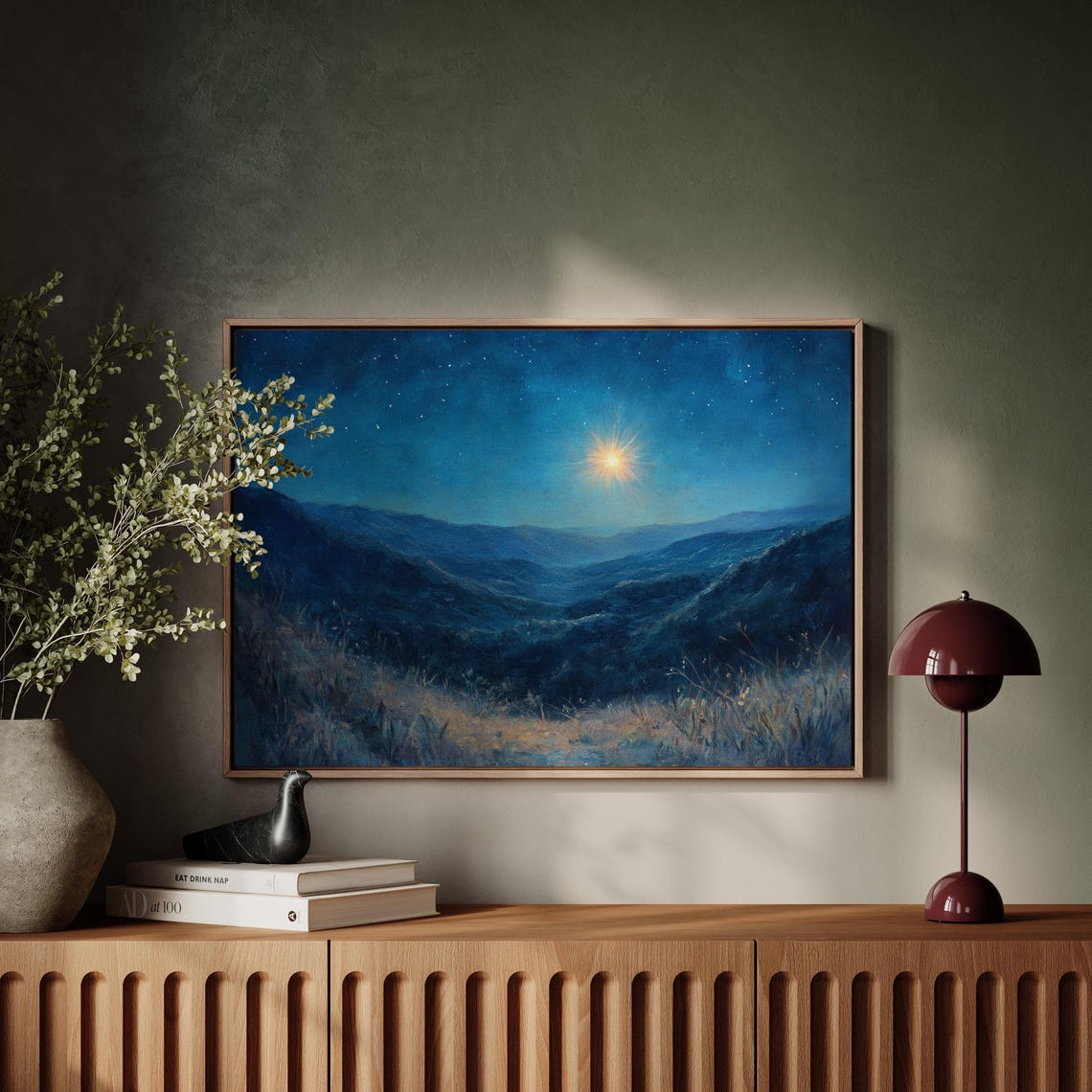 Bright Star Over Moonlit Blue Valleys Serene Night Sky Wall Art - Image 4