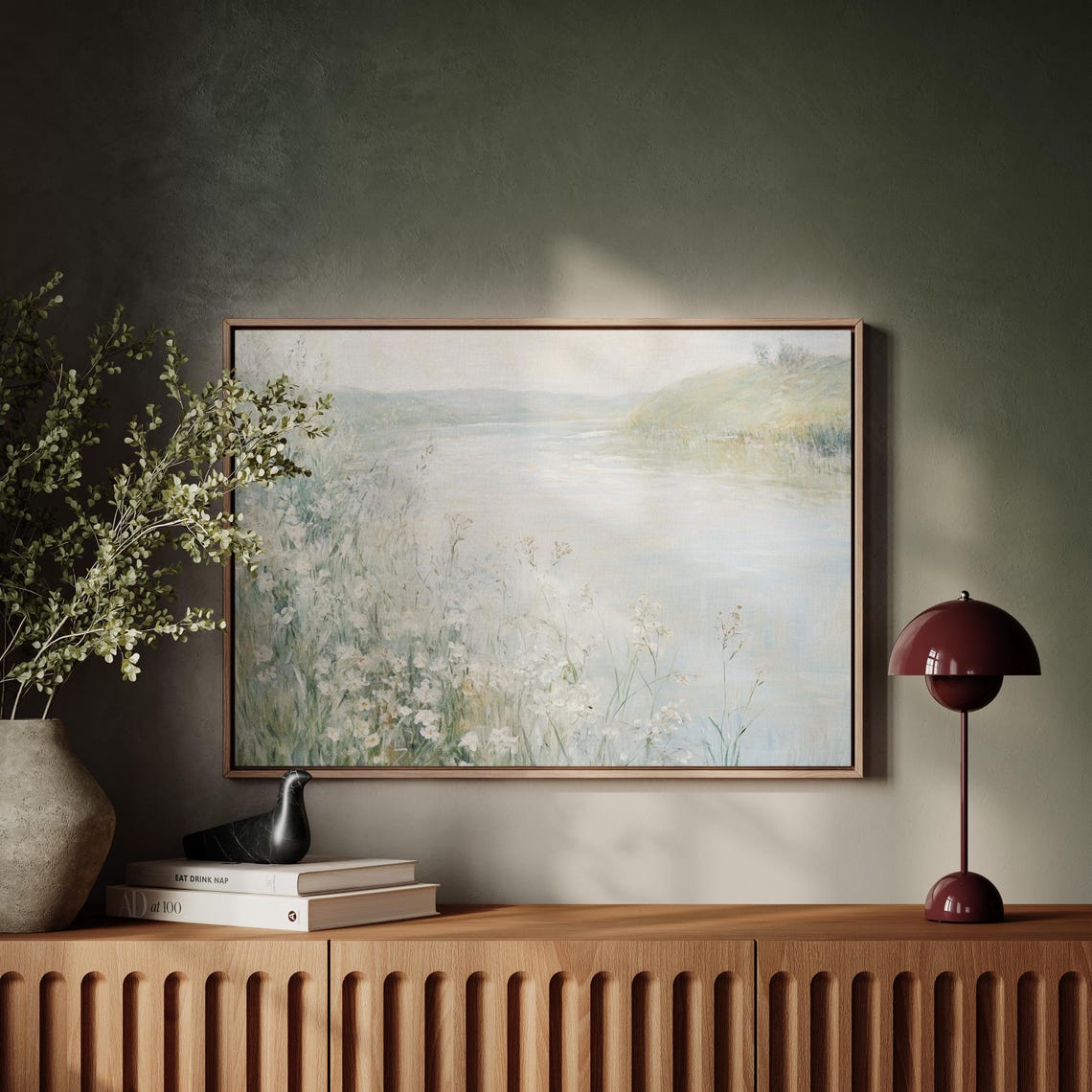 Tranquil Pastel Lake White Wildflowers Minimalist Landscape Poster - Image 5