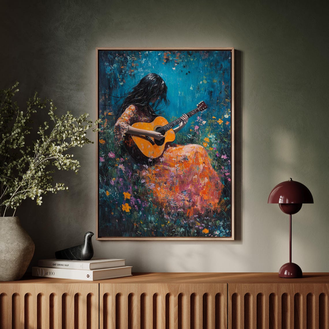 Woman Playing Guitar In Colorful Flower Field Bohemian Oil Painting Wall Art With Textured Brush Strokes And Vibrant Nature Scene - Image 7