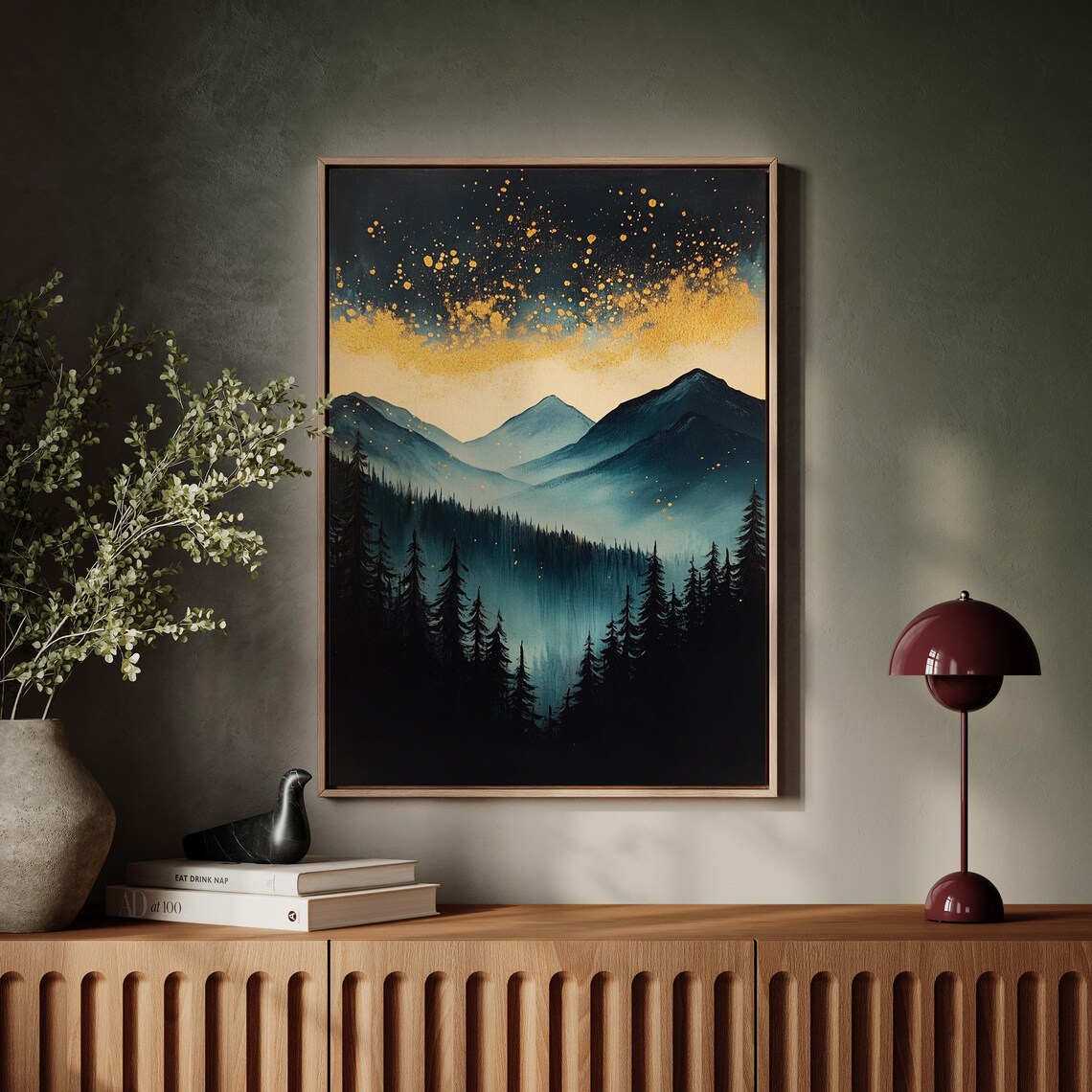 Starry Sky and Blue Mountain, Misty Forest Art