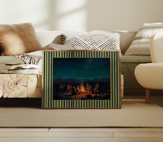 Cowboys Campfire Starry Night Western Frontier Vintage Landscape Poster