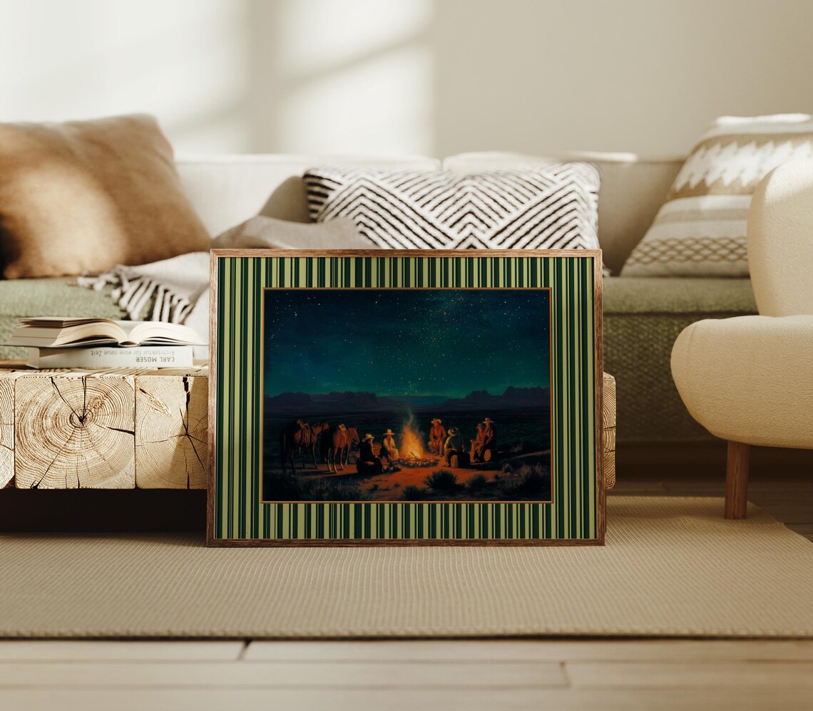 Cowboys Campfire Starry Night Western Frontier Vintage Landscape Poster