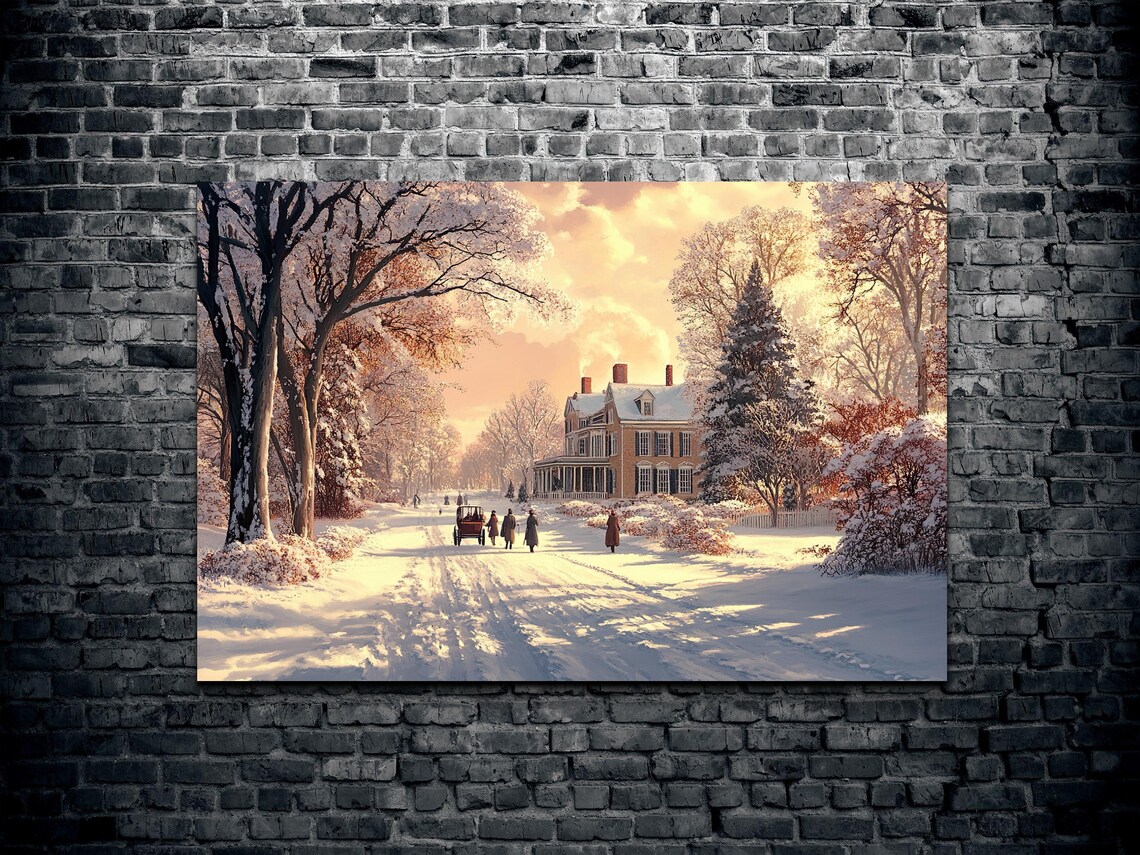 Snowy Village Horse Carriage Sunset Vintage Winter Scene Poster - Image 2