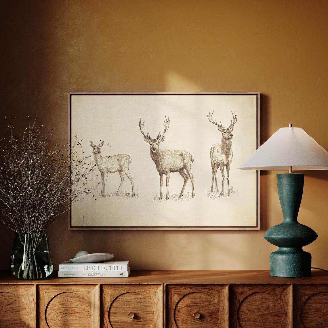 Vintage Sepia Sketch of Three Deer on Aged Paper Wildlife Art Poster - Image 4