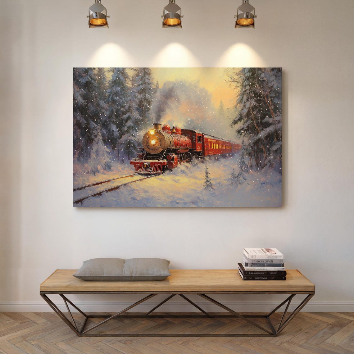 Red Steam Train In Snowy Forest Glowing Sunset Winter Wall Art - Image 6