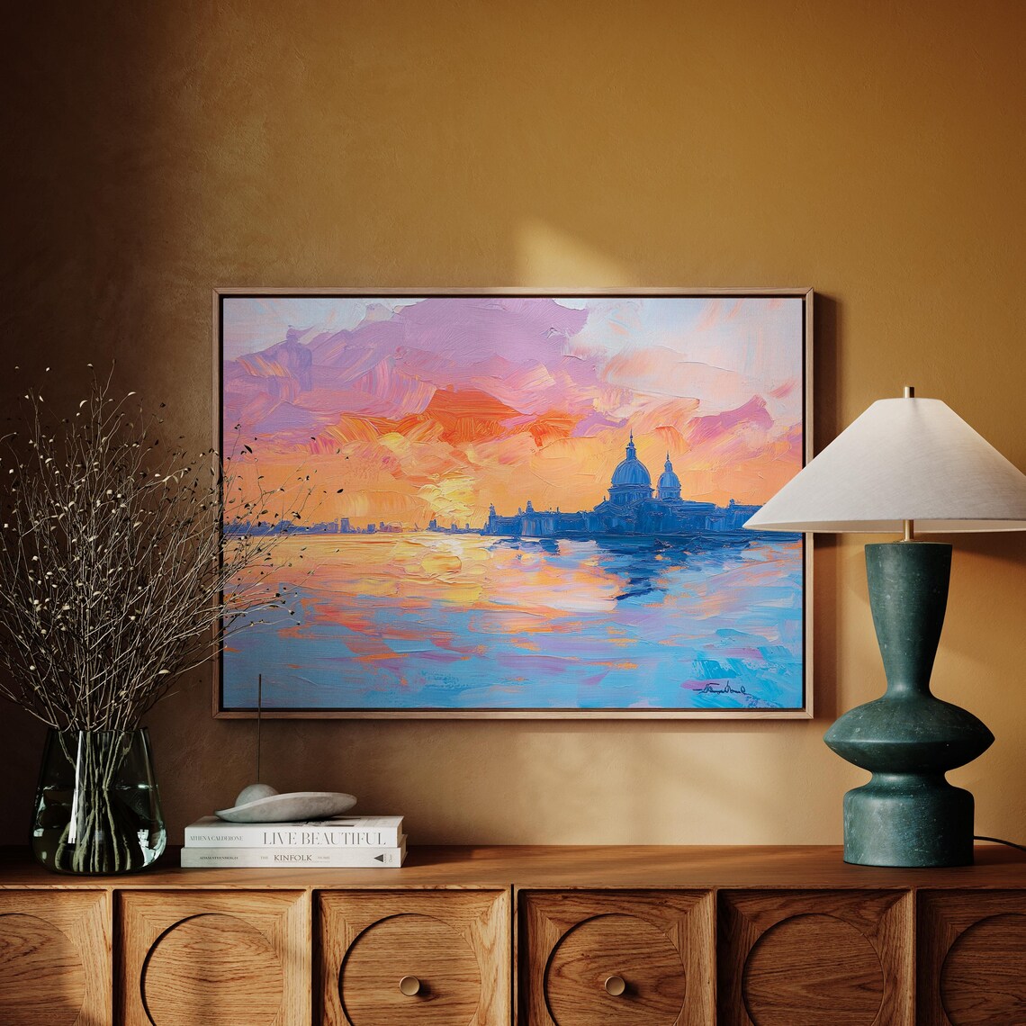 Venice Sunset Skyline Golden Orange Impasto Oil Painting Poster - Image 4
