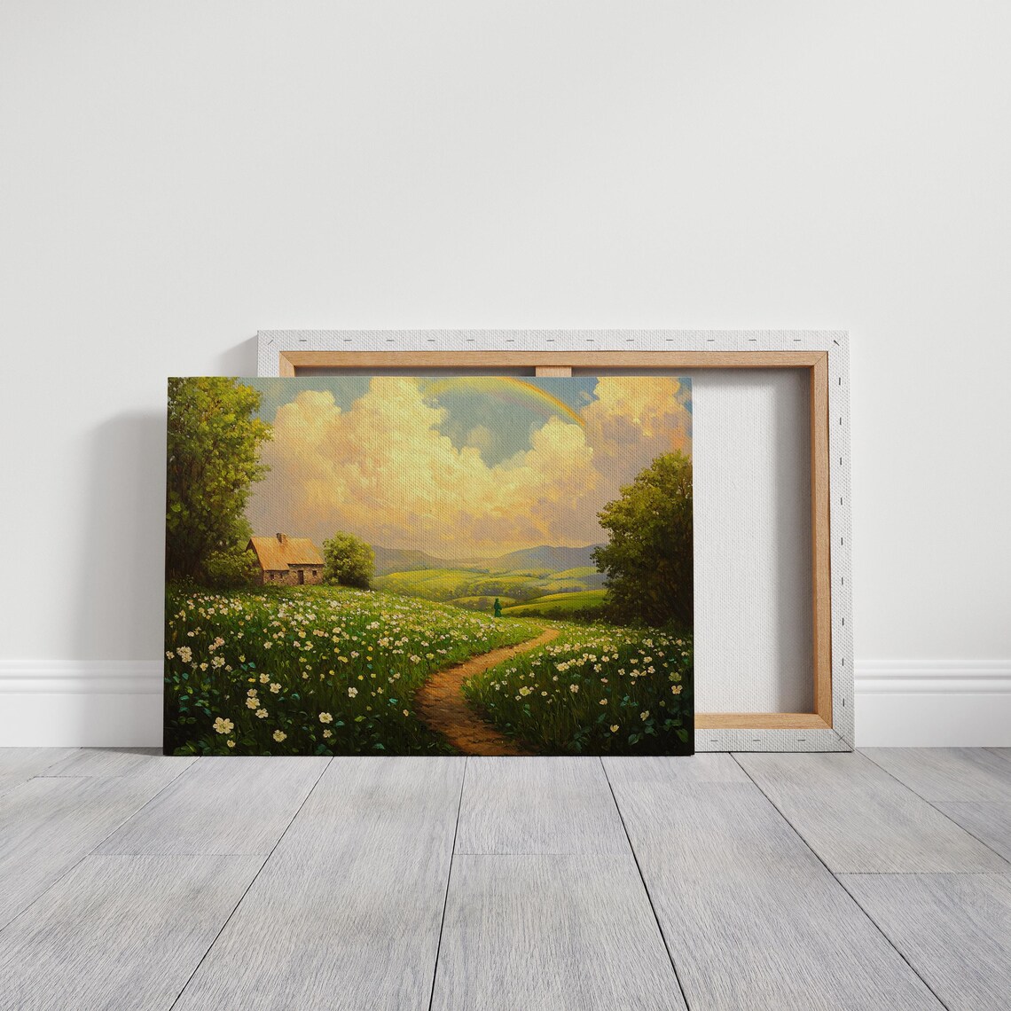 Scenic Irish Countryside Cottage Rainbow, Landscape Art - Image 5
