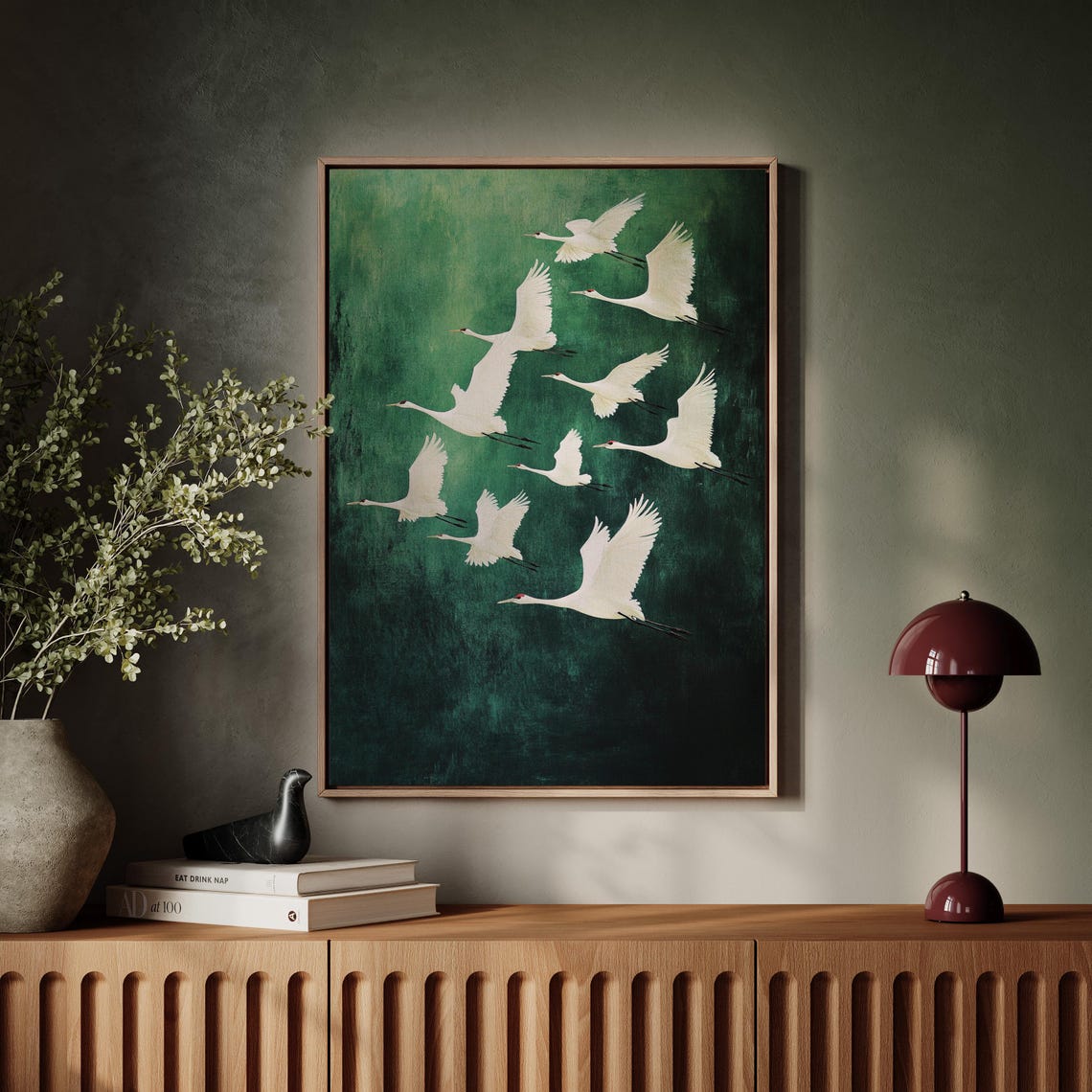 Nine White Cranes Flying On Emerald Green Textured Art Poster - Image 4