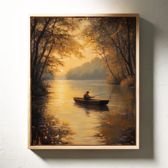 Golden Sunrise Fishing Scene Nature Wall Art For Serene Home Decor
