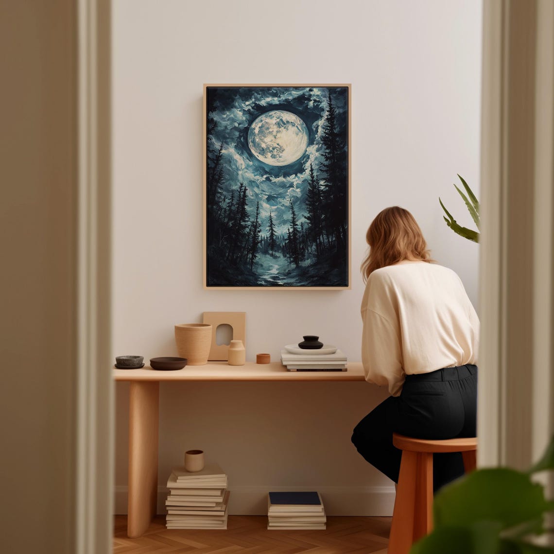 Full Moon Over Dark Pine Forest Dramatic Cloudy Night Wall Art - Image 2