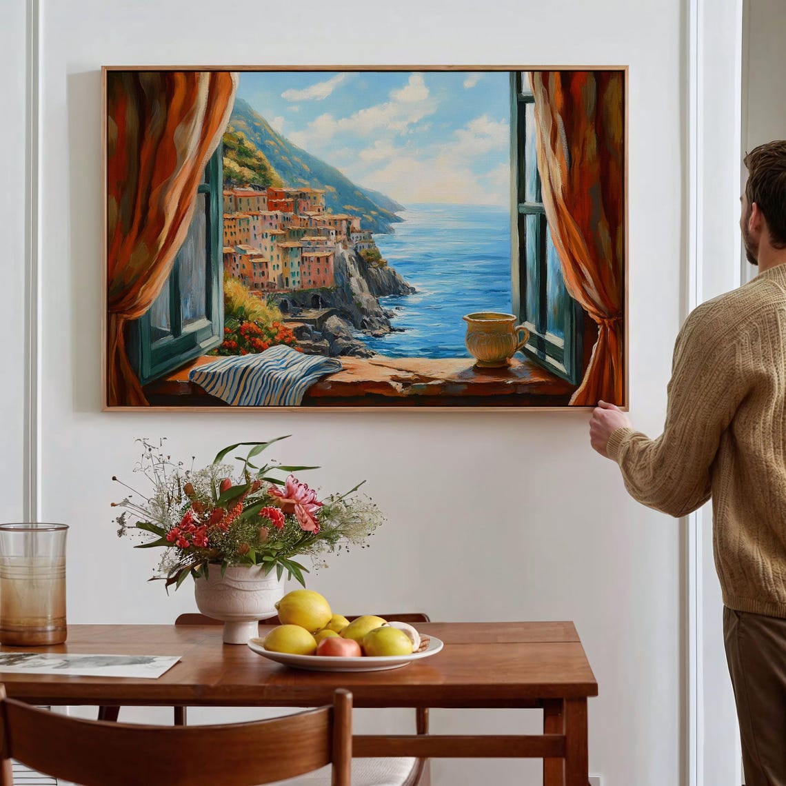 Colorful Coastal Village Sea View Through Open Window Poster