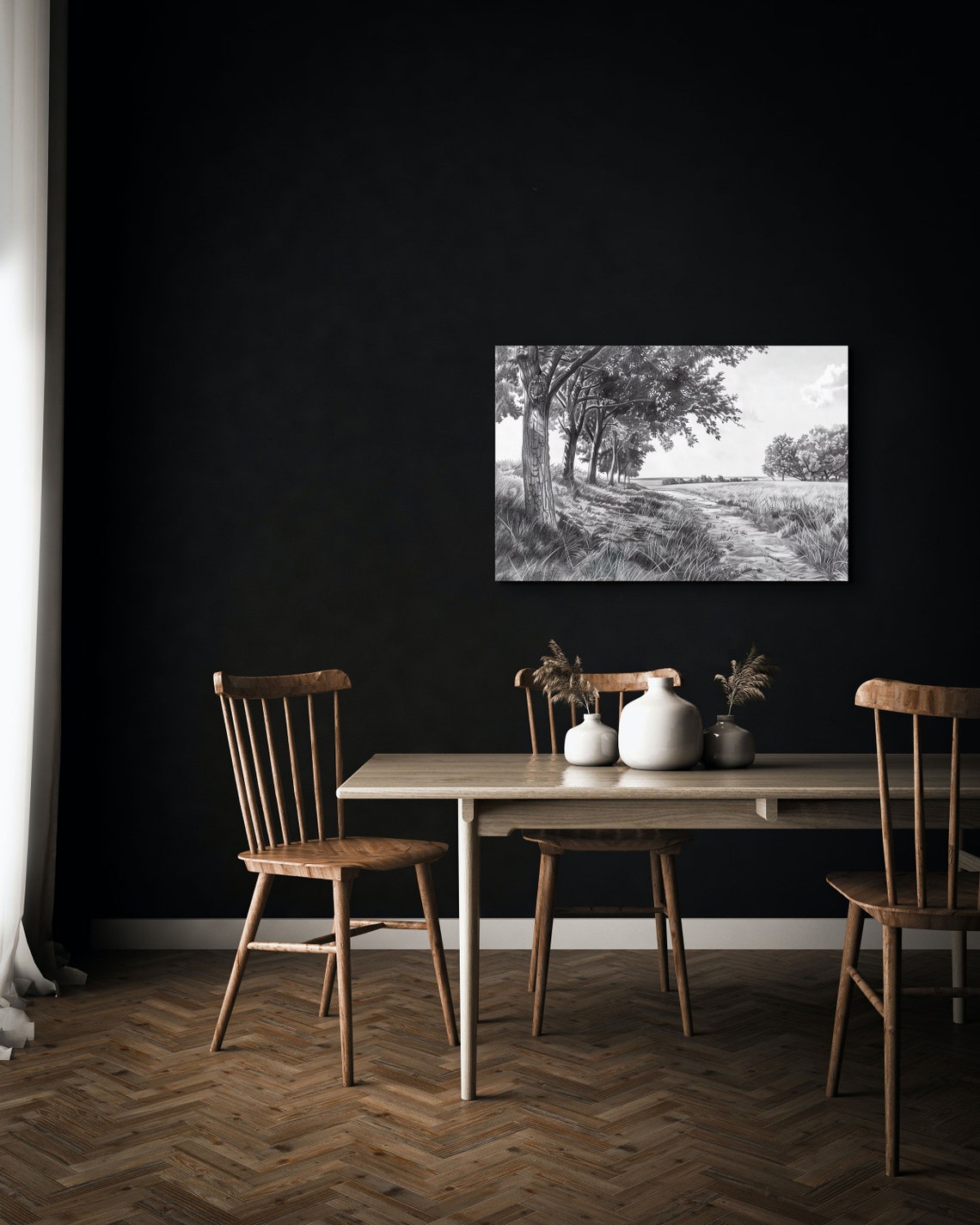 Black And White Charcoal Oak Trees Beside Peaceful Country Path Print - Image 5