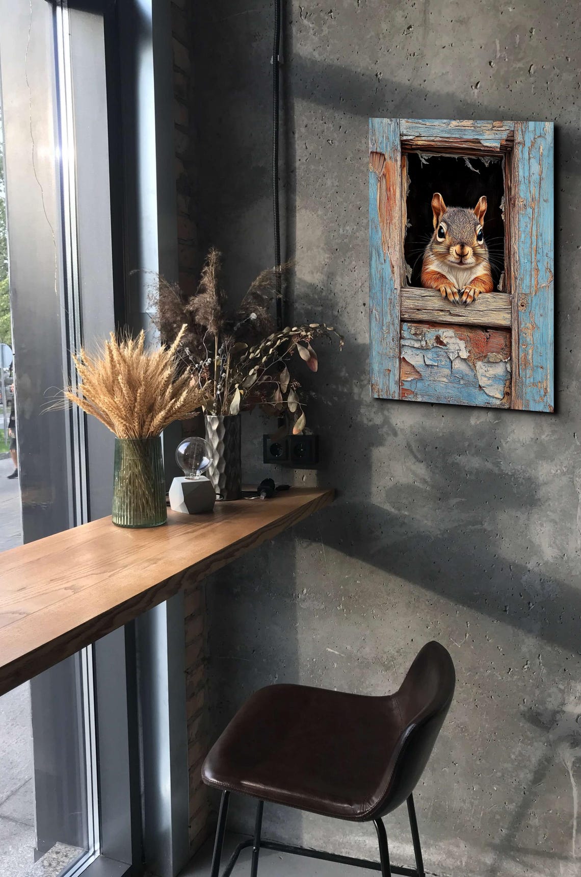 Curious Squirrel Peeking From Rustic Blue Window Animal Poster - Image 7