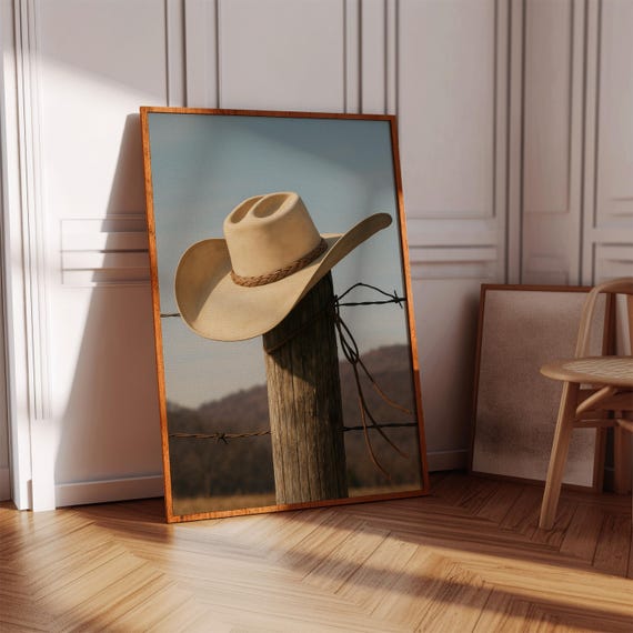 Western Cowboy Hat On Fence Post Rustic Farmhouse Canvas Wall Art For Country Decor