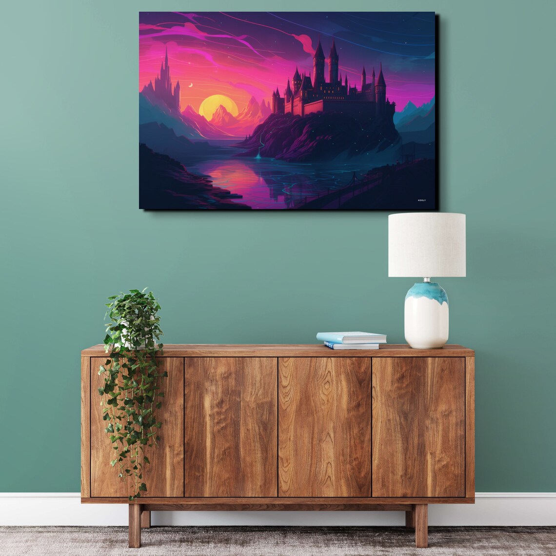 Mystic Fantasy Castle Sunset Lake Neon Pink Dream Sky Art Poster - Image 7