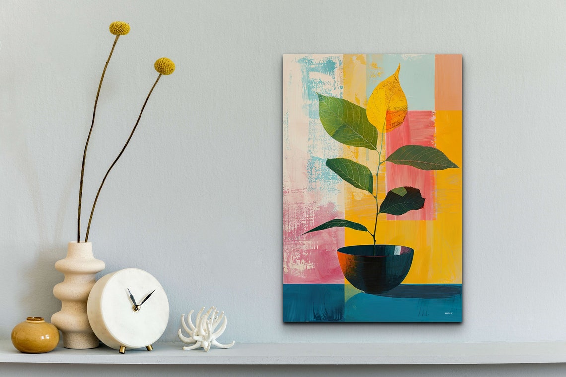 Potted Green Plant Colorful Block Background Modern Still Life Poster - Image 6