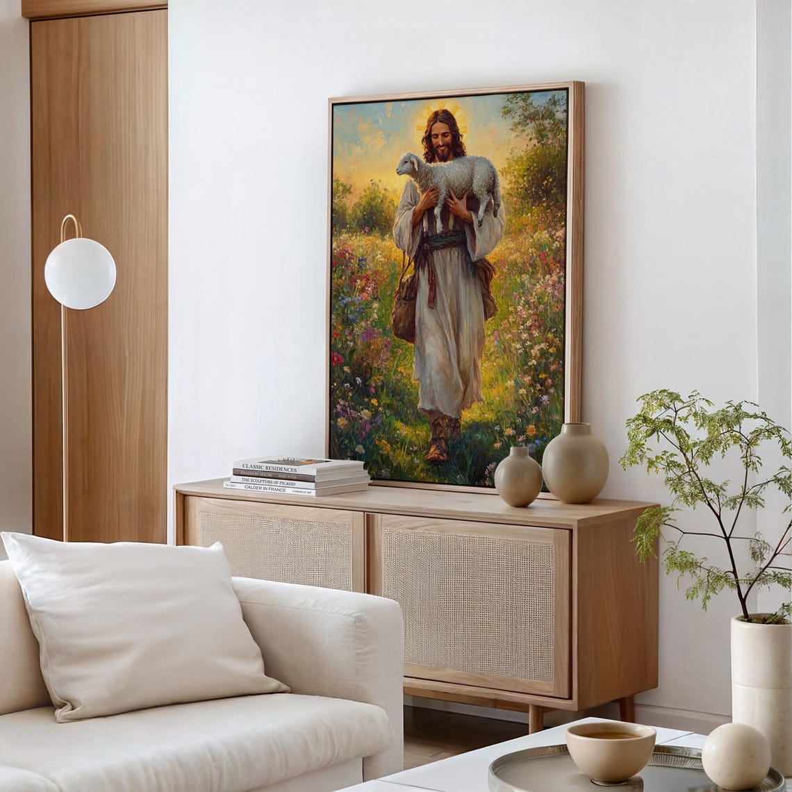 Jesus Carrying Sheep Over Shoulder Sunset Wildflower Field Art Print - Image 5