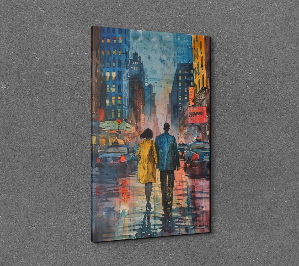 Romantic Couple In New York City Rain Watercolor Cityscape Wall Art - Image 3