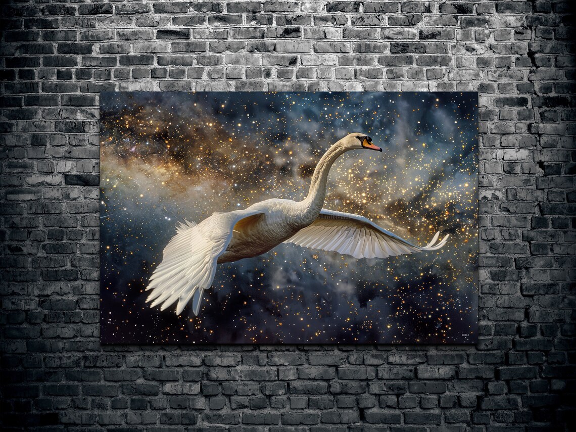 White Swan Flying Starry Night Sky Golden Stars Wildlife Wall Art - Image 2