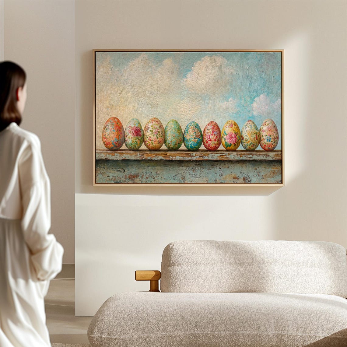 Nine Hand Painted Floral Easter Eggs on Rustic Wooden Shelf Poster - Image 4
