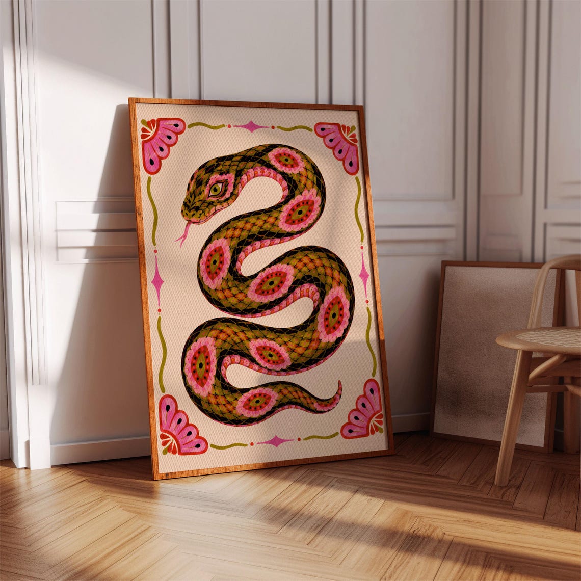 Colorful Folk Art Snake Maximalist Eclectic Statement Wall Art