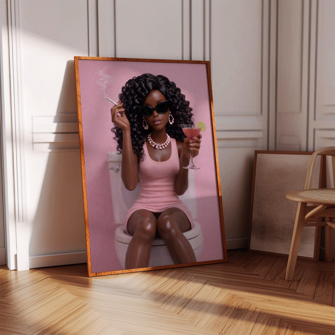 Funny Pink Doll Bathroom Poster, Retro Decor