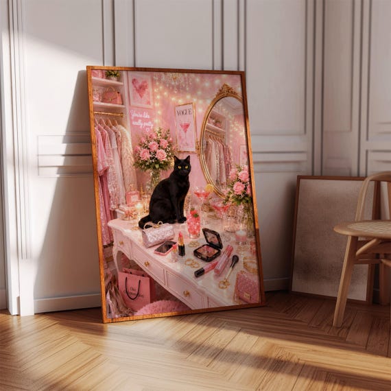 Pink Coquette Black Cat Print Girly Vanity Wall Art Digital Download