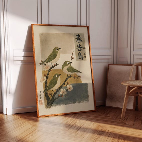 Japanese Bird Art Print Vintage Style Floral Wall Decor Mejiro Poster