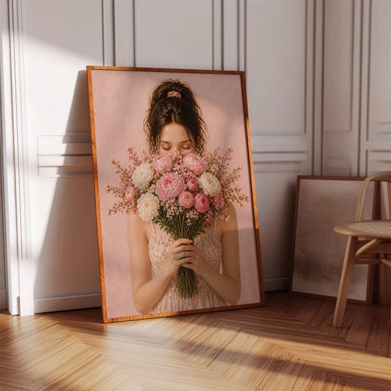 Boho Pink Floral Woman Poster Soft Flower Bouquet Wall Art Feminine Minimalist Decor