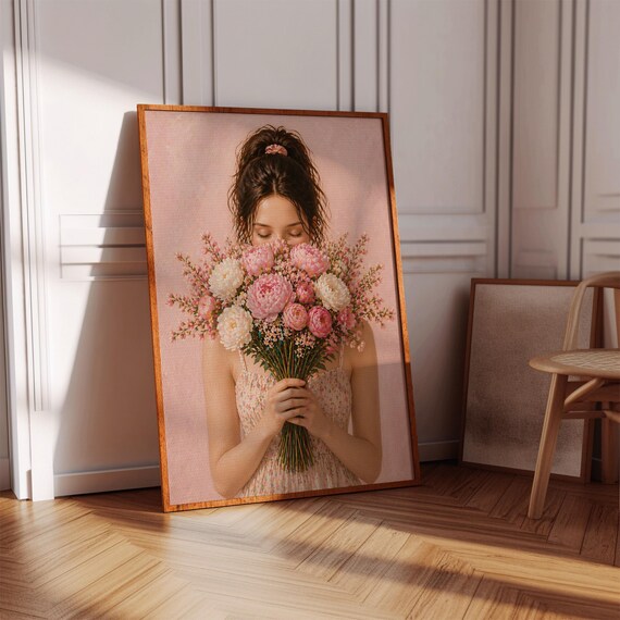 Woman Holding Pink Peony Bouquet Soft Floral Blush Art Poster