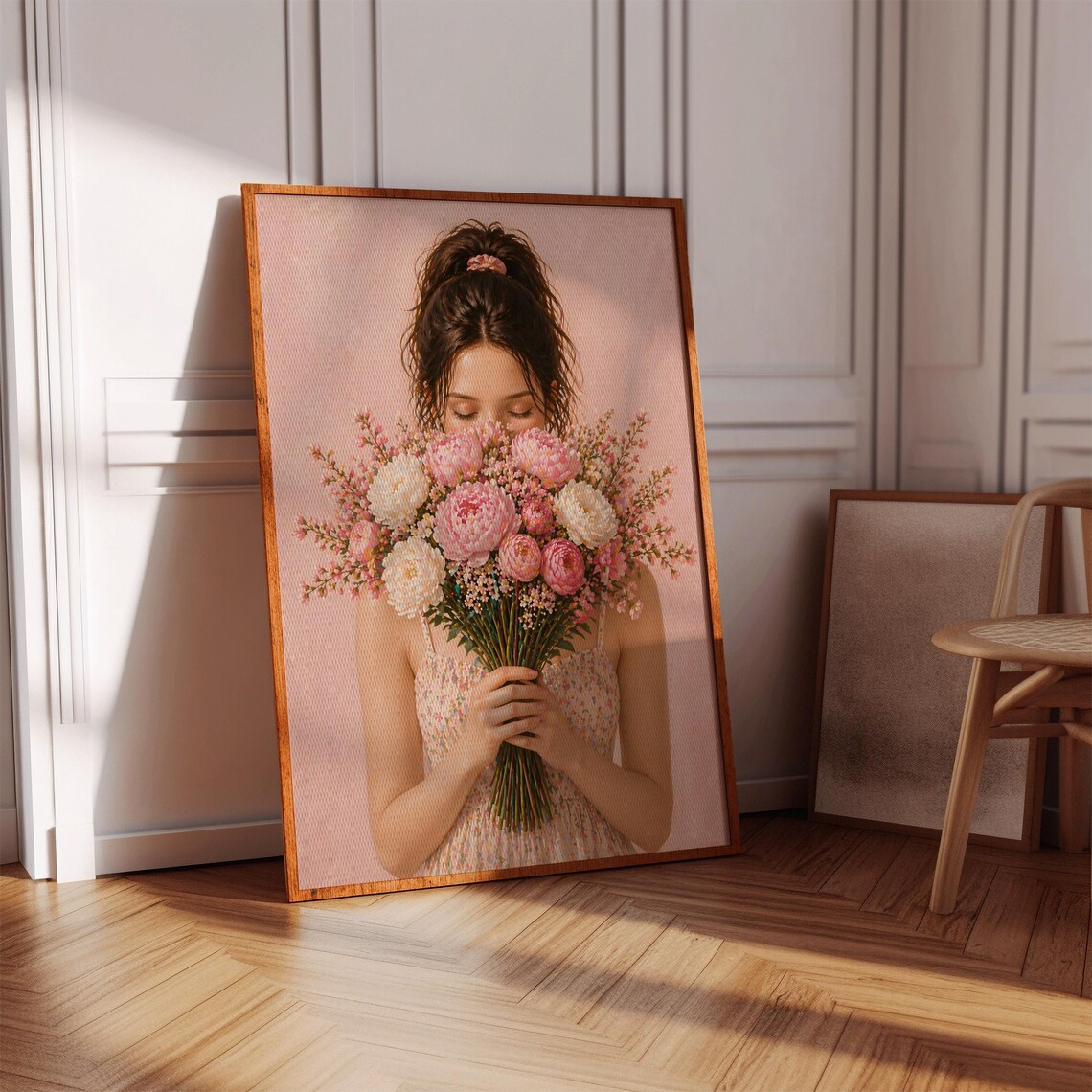 Woman Holding Pink Peony Bouquet Soft Floral Blush Art Poster