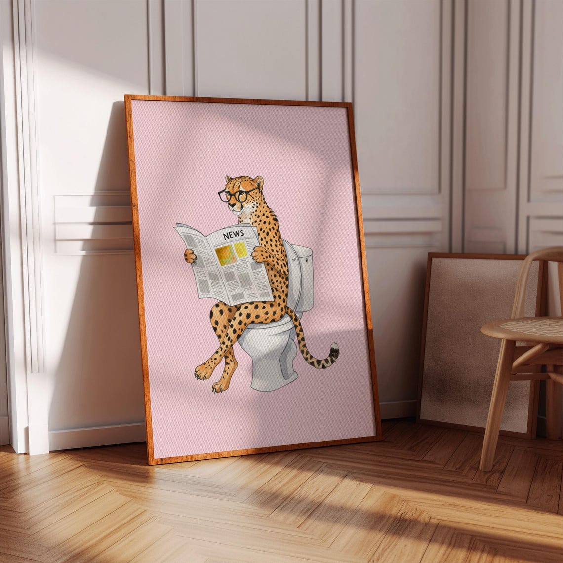 Cheetah Reading Newspaper on Toilet Pink Funny Bathroom Print