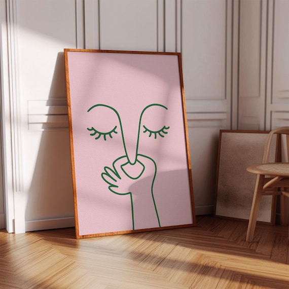 Minimalist Pink Face Line Art Green Abstract Portrait Poster