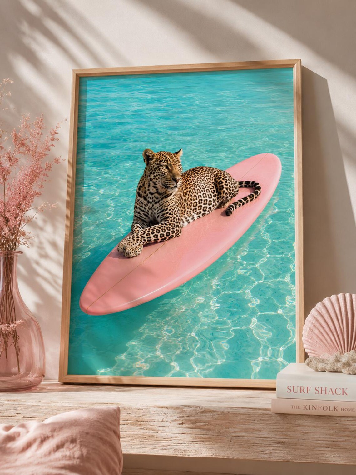 Pink Surfboard Leopard Print Coastal Wall Art