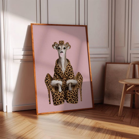 Italian Greyhound Poster Funny Leopard Robe Iggy Pink Bubblegum Decor Trendy Eclectic Wall Art