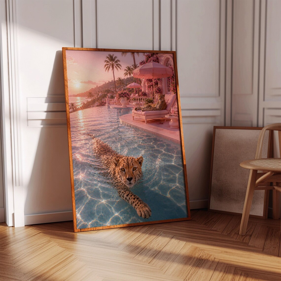 Cheetah Swimming Pool Retro Print, Tropical Decor