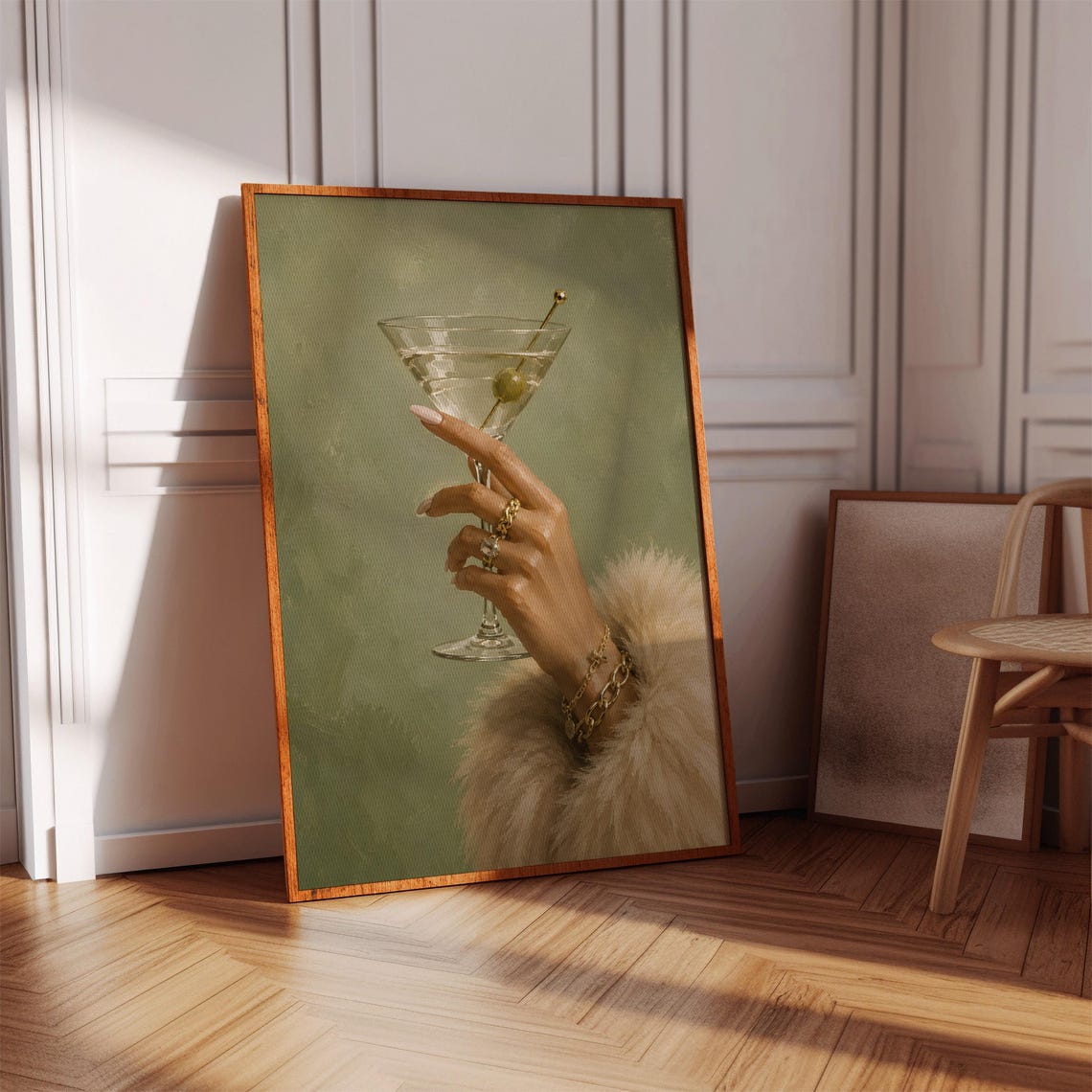 Green Martini Glass Art Print Coquette Wall Decor Glamour Cocktail Oil Painting