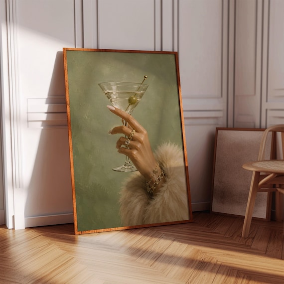 Elegant Jeweled Hand Holding Martini Cocktail Sage Green Poster