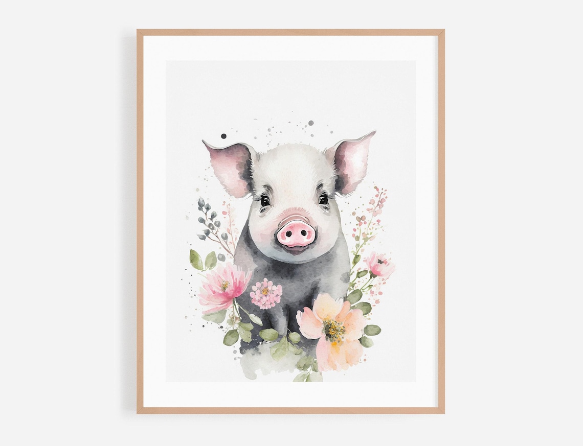 Nursery Wall Art Watercolor Pig Animal Portrait Illustration Kids Room Poster Piggy Painting With Flowers